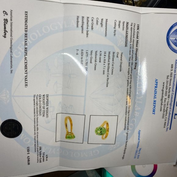 Certified Mint Diopside 4.56ct Solid 18K Gold Ring - Picture 7 of 7